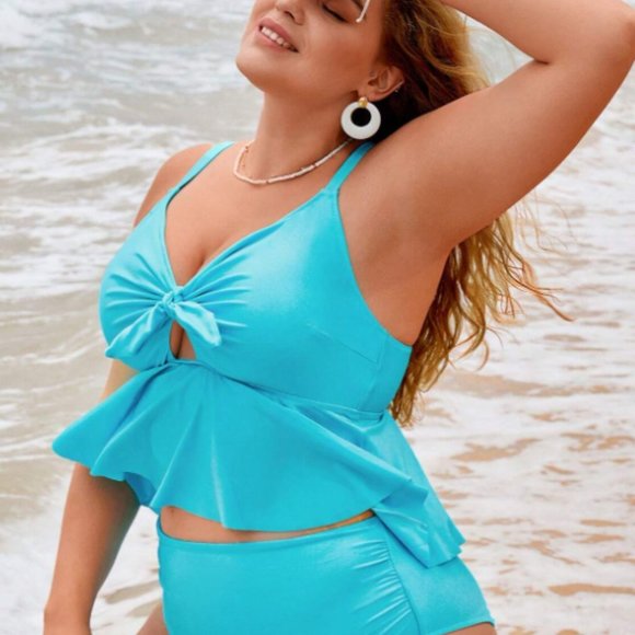 NWOT SHEIN Leisure Plus Ruffle Hem Knot Front Bikini Swimsuit - Picture 3 of 5